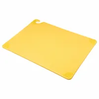 This yellow co-polymer cutting board measures 24 inches in length by 18 inches in width. It is NSF Certified for use as a food-contact surface in commercial food preparation environments. The color coding helps designate specific use zones to reduce cross-contamination risks