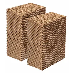 Cellulose evaporative cooling media for use in agricultural and horticultural cooling systems. Each pad measures 20 inches high by 13 inches wide by 6 1/2 inches thick, sold as a 2-pack. Designed to lower air temperature through evaporation in applications such as greenhouses, livestock barns, and poultry houses.
