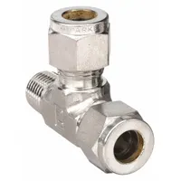 Stainless steel double-ferrule compression tee fitting with 3/8 in OD tube x 1/4 in pipe x 3/8 in OD tube configuration. Compatible with Parker A-LOK fitting brands. Used to create a leak-tight branch connection in tubing systems for instrumentation, hydraulic, and pneumatic lines