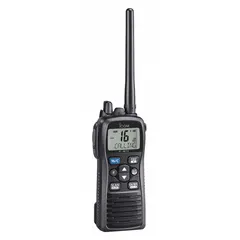 Analog VHF marine handheld radio with 6W output, 88 channels, and IPX8 Submersible Plus waterproof rating. Features alphanumeric display, VOX capability, and repeater support. Includes Li-Ion battery with 18-hour life and rapid charger. Meets MIL-STD-810 C, D, E, F standards. Used for ship-to-ship and ship-to-shore communication in marine environments.