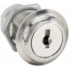 Keyed-different cam lock with zinc die-cast construction and nickel finish. Quarter-turn clockwise unlock operation. Used for securing cabinets, panels, and enclosures in industrial settings.