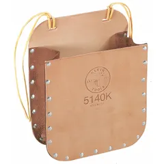 Brown leather tool pouch with one open-top pocket. Attaches to belts up to 3 inches wide using tie straps. Designed for carrying hand tools on a work belt, providing quick access during tasks.