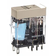 This OMRON G2RS Series relay is a plug-in, socket-mounted device with a square base and flat pin shape. It features a 24V DC coil, DPDT contact configuration, 5A current rating, and 8 quick-connect terminals. Typical applications include switching in industrial control circuits, automation panels, and machinery.
