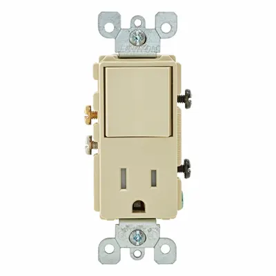 LEVITON Combination Switch/Outlet: Rocker Switch, 5-15R, Ivory, 120V AC, 15 A - Straight-Blade Outlets & Rocker Switches