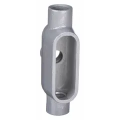 This TB tee type conduit outlet body is made of iron with a powder-coated finish. It has a 1 in trade size, 15.5 cu in capacity, and threaded hubs. Designed for use with IMC conduit, it provides a junction point for wire pulling and splicing in conduit runs.