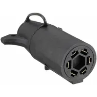 This plastic wiring adapter converts a 7-way blade vehicle plug to a 6-way round trailer connector. Overall length is 2 1/4 inches. Used in fleet and vehicle maintenance to enable electrical compatibility between different towing wiring systems