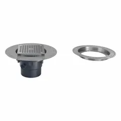 This ZURN floor drain is made of PVC with a bronze finish and includes a stainless steel clamp collar. It has a 5 in grate size and a 2 in nominal pipe size with solvent weld connection. The height-adjustable design allows alignment with finished floor levels for indoor drainage applications.