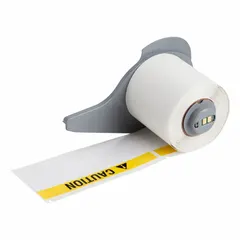 Vinyl precut label roll with caution legend, measuring 1 29/32 in x 4 in and 4 in x 1 29/32 in, in black, white, and yellow. Acrylic adhesive provides adhesion to equipment, panels, and pipes. Compatible with BMP71 printer series.
