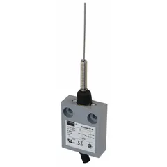 This limit switch uses a flexible cat-whisker actuator that detects object presence or position from any direction. It includes a 9.8 ft cable with 4-wire, 18 AWG, SJT electrical connection and two mounting holes. Typical applications include conveyor systems, packaging lines, and material handling equipment where multidirectional sensing is required.
