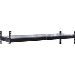 This shelf kit includes four powder-coated steel beams and 22 ga steel plank decking in a black finish. Designed for boltless shelving systems, it supports up to 620 lb on a single straight shelf. Suitable for organizing medium-duty loads in warehouses and industrial storage areas.