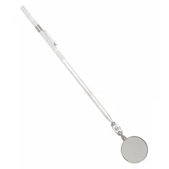 Round glass inspection mirror with a 1-1/4 inch diameter. Aluminum handle. Used for viewing confined or obstructed areas in machinery, engines, and equipment without disassembly.