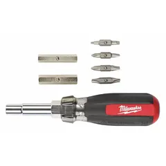 This combination multi-bit screw and nut driver includes 12 tips with ECX, Phillips, slotted, and square configurations. Slotted tips measure 3/16 in and 1/4 in. Overall length is 7-1/2 in. Suitable for fastening applications in construction, electrical, and maintenance work.