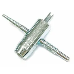 Steel tire valve tool, 2 3/8 in overall length. Used to remove and install valve stems and valve cores. Suitable for automotive and industrial tire maintenance.