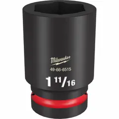 SAE 6-point deep impact socket with 1" drive and 1-11/16" socket size. Friction retention design secures fasteners during high-torque applications. Black phosphate finish. For use with impact tools in industrial fastening tasks.