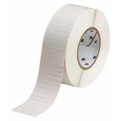 Precut label roll measuring 2 13/64 in x 1/4 in, made of polyimide with permanent adhesive. Supplied on a 1/4 in x 2 in roll. Compatible with A8500 printer series. Used for industrial identification and labeling in environments requiring resistance to high temperatures and chemicals.