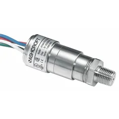This miniature pressure switch features a piston actuator and is designed for monitoring or controlling pressure in industrial hydraulic and pneumatic systems. It has a 1/4" MNPT pressure connection and 3-18 AWG PVC insulated 12" wire leads for electrical connection. Typical applications include compressors, pumps, and process equipment.
