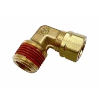 Brass compression fitting adapter with self-aligning design, connecting 3/8 in OD tubing to a 3/8 in male NPT threaded port. Suitable for pneumatic, hydraulic, and instrumentation fluid systems requiring leak-resistant seals