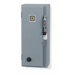 Three-phase NEMA Size 1 combination starter with circuit breaker and thermal overload protection. Rated for 600V AC maximum, with a 120V AC coil. Requires three melting alloy thermal units (not included). Suitable for starting and protecting motors in industrial applications such as conveyors, pumps, and compressors.
