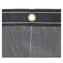 This tarp kit includes a PVC-coated vinyl mesh tarp and a standard DTR roller kit for manual operation on dump trucks and trailers. The mesh material is suited for covering loose loads such as gravel, sand, or debris during transport. No wind deflector is included.