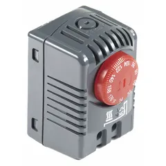 This WIEGMANN thermostat is designed for heating control within electrical enclosures. It features a Close on Rise switch action and an adjustable temperature setpoint range from 14°F to 176°F. The unit mounts on a DIN rail and is used to activate heating elements when enclosure temperature drops below the setpoint, helping to prevent condensation.