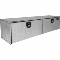 This double drop-down door box from BUYERS PRODUCTS provides secure storage for tools and equipment on service trucks, utility vehicles, and work trucks. It features a keyed lock for theft protection and a silver finish. With an 18-inch overall depth, it is suitable for underbody mounting in fleet and vehicle maintenance applications.