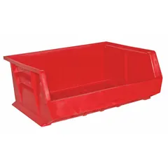 Hang and stack bin for organizing and storing small components. Designed for use on louvered panels or shelving in workshops, warehouses, and assembly areas.
