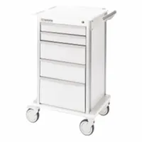 This medical procedure cart from MARKETLAB is constructed with an aluminum frame and features a white cabinet and drawer. It is equipped with two swivel casters and two swivel casters with brakes, providing mobility and stability for organizing and transporting medical supplies, instruments, and equipment in healthcare settings such as hospitals, clinics, and laboratories