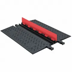 Polyurethane cable ramp with hinged cover for protecting cables, hoses, and cords across walkways and driveways. Features two channels with 3/4 in max cable diameter, dog bone connection style for linking multiple units, and dimensions of 28 1/2 in width, 1 1/4 in height, and 39 3/4 in length. Color is black/orange.