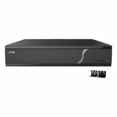 Network IP video recorder supporting up to 64 camera inputs with H.265 compression and 16MP resolution. Features VGA output, motion-based recording, 640 mbps network interface, and USB flash drive export. Suitable for security monitoring in commercial or industrial facilities.