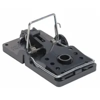 Reusable snap trap made of plastic and steel for rodent control. Overall height 5 1/2 inches, overall width 3 inches. Suitable for use in industrial, agricultural, and commercial facilities such as warehouses and storage areas