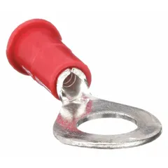 Insulated ring terminal with vinyl insulation rated for 600 V. Accommodates 22 AWG to 18 AWG wire and fits a 1/4 in stud. Funnel entry aids wire insertion. Used for terminating wires in control panels, machinery, and power distribution.