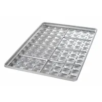 This slider bun pan is constructed from 22 ga aluminized steel in a silver finish. It features 96 slots for uniform baking of slider buns, dinner rolls, and small pastries. The pan measures 17 5/8 inches in overall width. It is not NSF certified