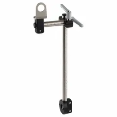 Stainless steel sensor mount kit with two scaled tubes (300 mm and 100 mm) and an M12 bracket hole. Includes a clamping lever for tool-free adjustment. Used for positioning sensors in industrial automation and machine safety applications.