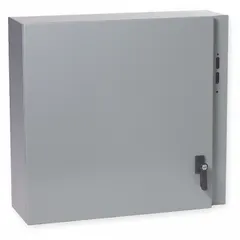 This WIEGMANN disconnect switch enclosure is constructed from powder-coated steel and measures 36 inches by 26 inches by 8 inches. It features a latch closure method and is designed to house and protect disconnect switches in industrial environments, suitable for indoor and outdoor applications where protection against dust, water, and corrosion is required.