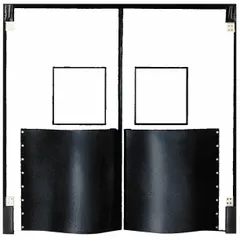 This CHASE insulated swinging door is constructed of white polyethylene with two doors, each 8 ft wide by 9 ft high. It includes a polycarbonate window, door seals, bumpers, and mounting hardware. The door meets NSF standards for sanitation, making it suitable for cold storage, food processing, and industrial facilities requiring temperature control and hygiene.