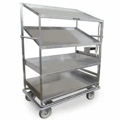 This LAKESIDE dish breakdown cart is constructed of stainless steel with four shelves. It has a maximum load capacity of 1,000 lb and an overall height of 69 1/4 in. The cart is equipped with two swivel casters and is NSF certified. It is used in commercial kitchens to organize and transport soiled dishes, glassware, and utensils to the dishwashing area.