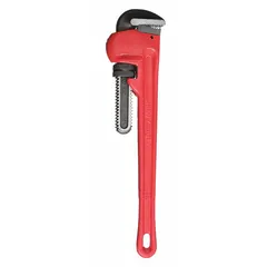 Straight pipe wrench with serrated jaws and I-Beam handle for gripping and turning round objects such as pipes and fittings. Jaw capacity of 2 1/2 in and overall length of 18 in. Suitable for plumbing, construction, and maintenance applications.