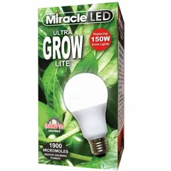 This A19-shaped LED grow bulb from MIRACLE LED operates at 120V and provides a full/broad spectrum with 150W incandescent watt equivalency. Designed for height control applications, it supports vegetative and flowering stages in indoor gardening, greenhouses, and hydroponic setups.