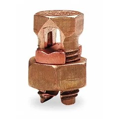 Bronze split-bolt connector for splicing or tapping copper wire in sizes 8 AWG to 10 AWG. Suitable for indoor electrical installations where direct burial is not required. Commonly used in industrial, commercial, and utility grounding or bonding connections.