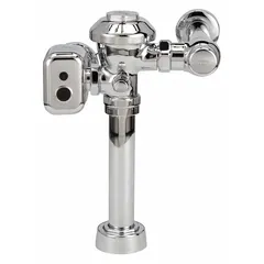 Hardwired automatic flush valve for top-spud commercial toilets. Delivers 1.28 gallons per flush. Designed for 11-1/2 in rough-in installations. Provides sensor-activated operation in restroom applications.