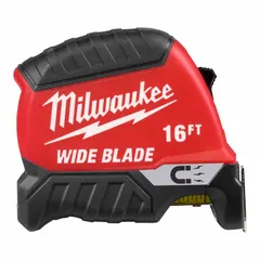 Standard inch tape measure with SAE graduations in 1/16 in increments. Features a magnetic single hook tip and magnetic mount for one-person operation on metal surfaces. Manual lock and red plastic housing. Suitable for measuring distances in construction and general layout work.