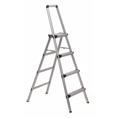This folding step stool is constructed from aluminum with a silver finish. It has an overall height of 4.3 ft and a standing height of 2.9 ft, supporting a load capacity of 225 lb. Suitable for reaching elevated areas in industrial, warehouse, and maintenance settings.