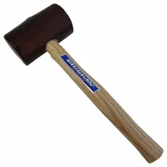 Round natural rawhide mallet with a wood handle. Head weight 24 oz, diameter 2 3/4 in, head length 5 in, overall length 17 in. Used for striking chisels, punches, and forming tools without damaging the workpiece or tool face in assembly, woodworking, and metalworking applications.