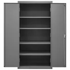 Welded steel cabinet with powder-coated gray finish. Features a stationary frame, swing handle with keyed lock, and four adjustable shelves. Panel thickness is 16 ga. Used for secure storage of tools, parts, and equipment in warehouses, factories, and maintenance shops.