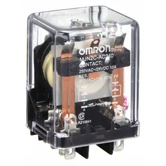 Socket-mounted relay with square base and round pins. DPDT configuration rated 10 A at 240V AC. Plug-in electrical connection with 8 terminals. Suitable for switching loads in control panels, HVAC systems, and automation equipment.