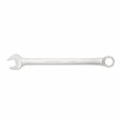This SAE 12-point combination wrench features a satin finish and offset design for access to fasteners in confined spaces. The 1-3/4 in head size and 25-1/2 in overall length provide leverage for tightening and loosening large bolts in heavy-duty maintenance, construction, and mechanical repair applications.