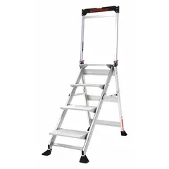 Aluminum folding step stool with a 4 ft overall height and 2.9 ft standing height. Supports 375 lb load capacity. Includes foldable handrails for stability. Suitable for tasks requiring elevated access in industrial or facility settings.