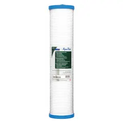 This solid water filter cartridge uses polypropylene media for sediment filtration. It has a 5-micron rating and a flow capacity of 45 gpm, with an overall height of 20 inches. Suitable for commercial and industrial water systems requiring particulate removal.