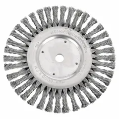 This heavy-cleaning brush features a cable twist knot carbon steel design for aggressive cleaning on flat carbon steel surfaces. It measures 8 inches in diameter with a 1/2-inch width and a 5/8-inch arbor. Suitable for removing rust, scale, and weld splatter in industrial maintenance and fabrication tasks.