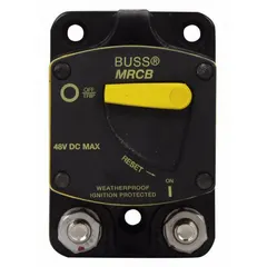 Flush mount automotive circuit breaker from the CB187F series. Rated 48V DC with an interrupt rating of 5 kA at 48V DC. Features stud terminal connections for high-current DC protection in vehicles, marine systems, and industrial equipment.